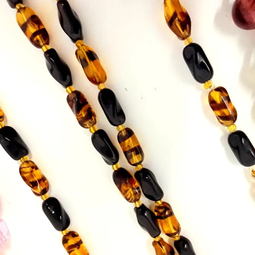 Lot 7 Art Glass Beaded Multi Strand Flapper Necklaces MOP Purple Pink Tortoise